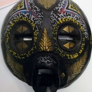 70s Ghanaian blue eyed unisex colorful wood carving mask
